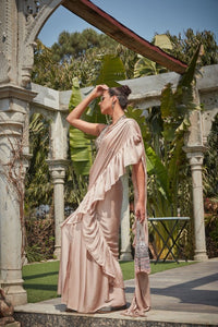 Thumbnail for Vaire- Champagne Embroidered Ruffle Saree Set-2