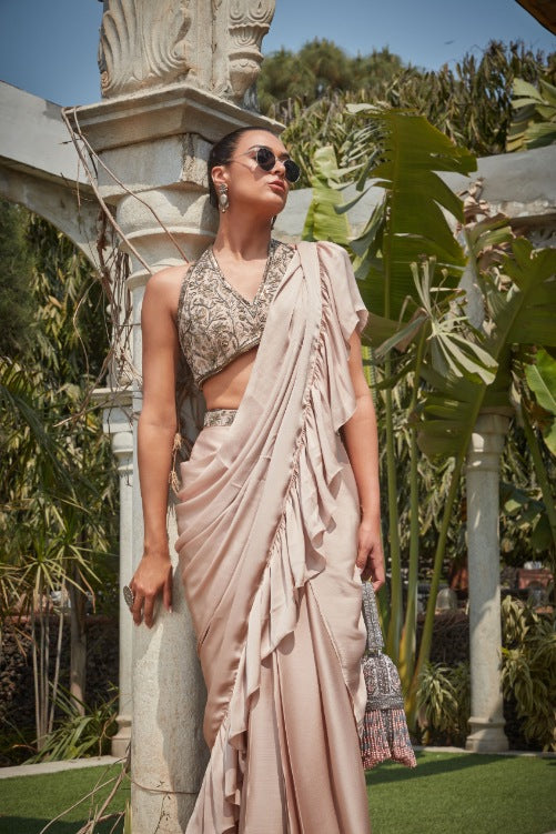 Vaire- Champagne Embroidered Ruffle Saree Set-3