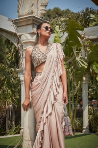 Thumbnail for Vaire- Champagne Embroidered Ruffle Saree Set-3