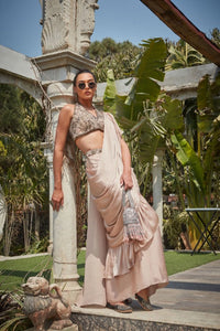 Thumbnail for Vaire- Champagne Embroidered Ruffle Saree Set-4