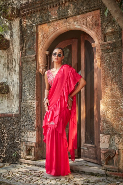 Laila- Hot Pink Embroidered Ruffle Saree Set-0