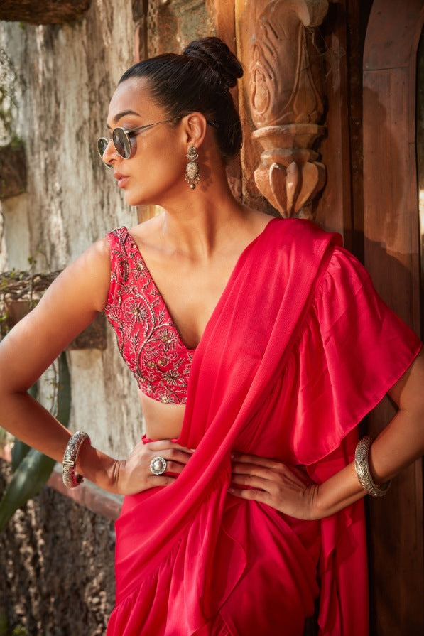 Laila- Hot Pink Embroidered Ruffle Saree Set-2