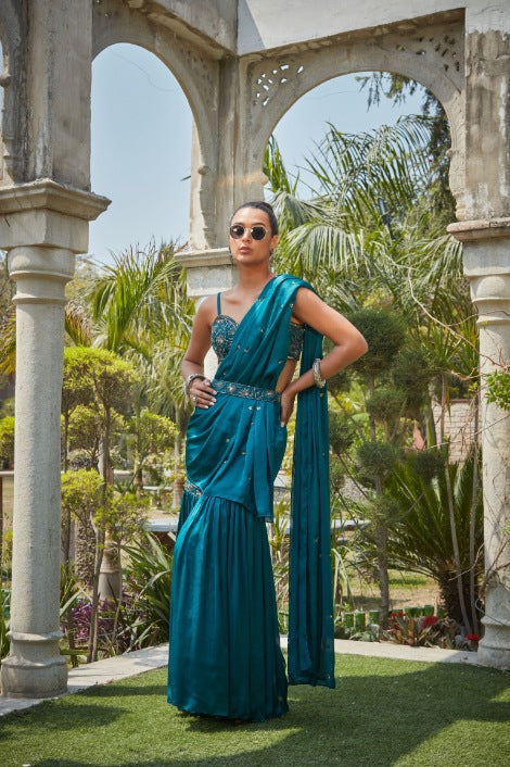 Fia- Teal Green Embroidered Concept Saree Set-2