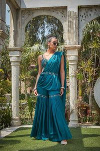 Thumbnail for Fia- Teal Green Embroidered Concept Saree Set-3