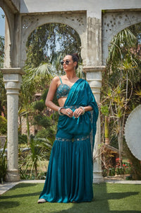 Thumbnail for Fia- Teal Green Embroidered Concept Saree Set-0