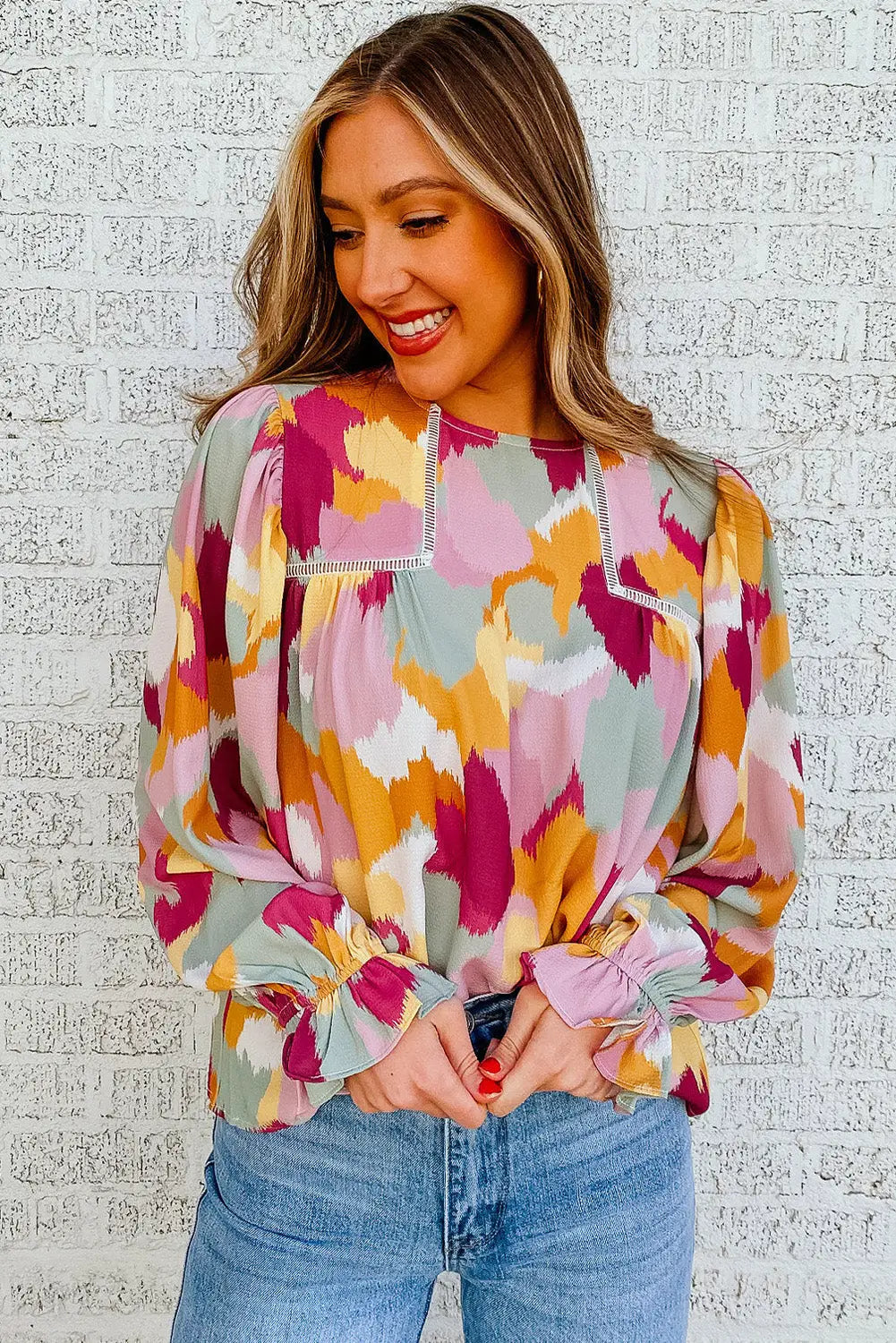 Abstract Printed Long Sleeve Blouse-32