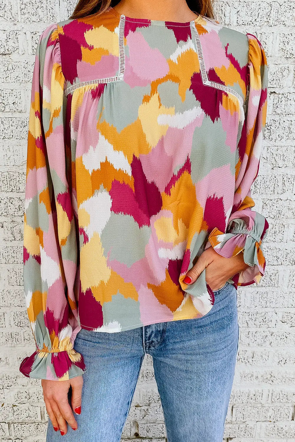 Abstract Printed Long Sleeve Blouse-34