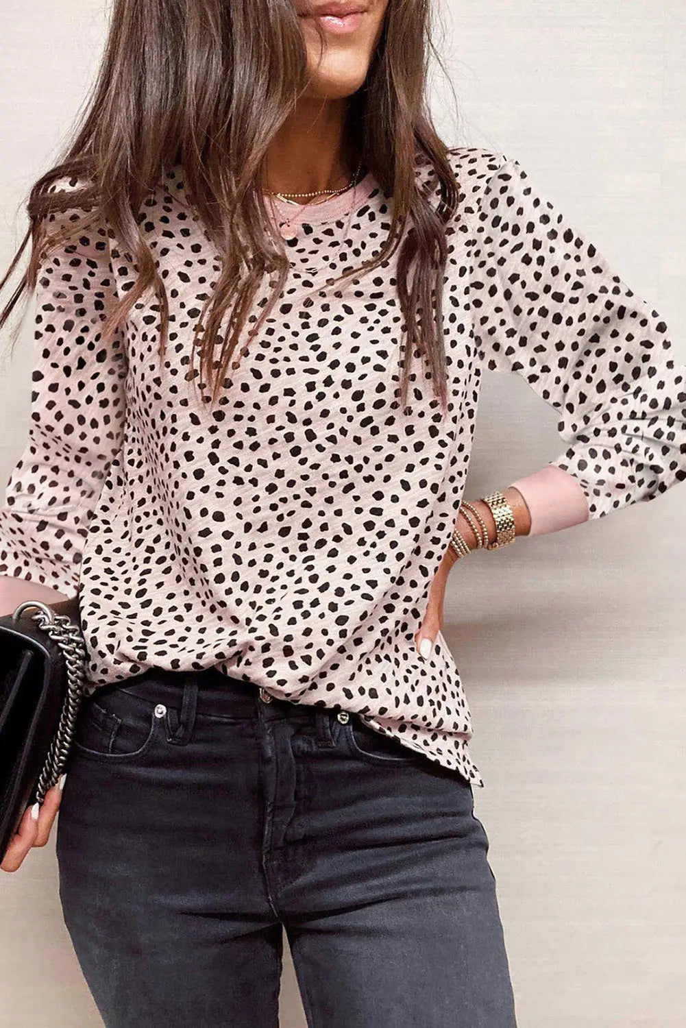 Animal Spotted Print Round Neck Long Sleeve Top-11