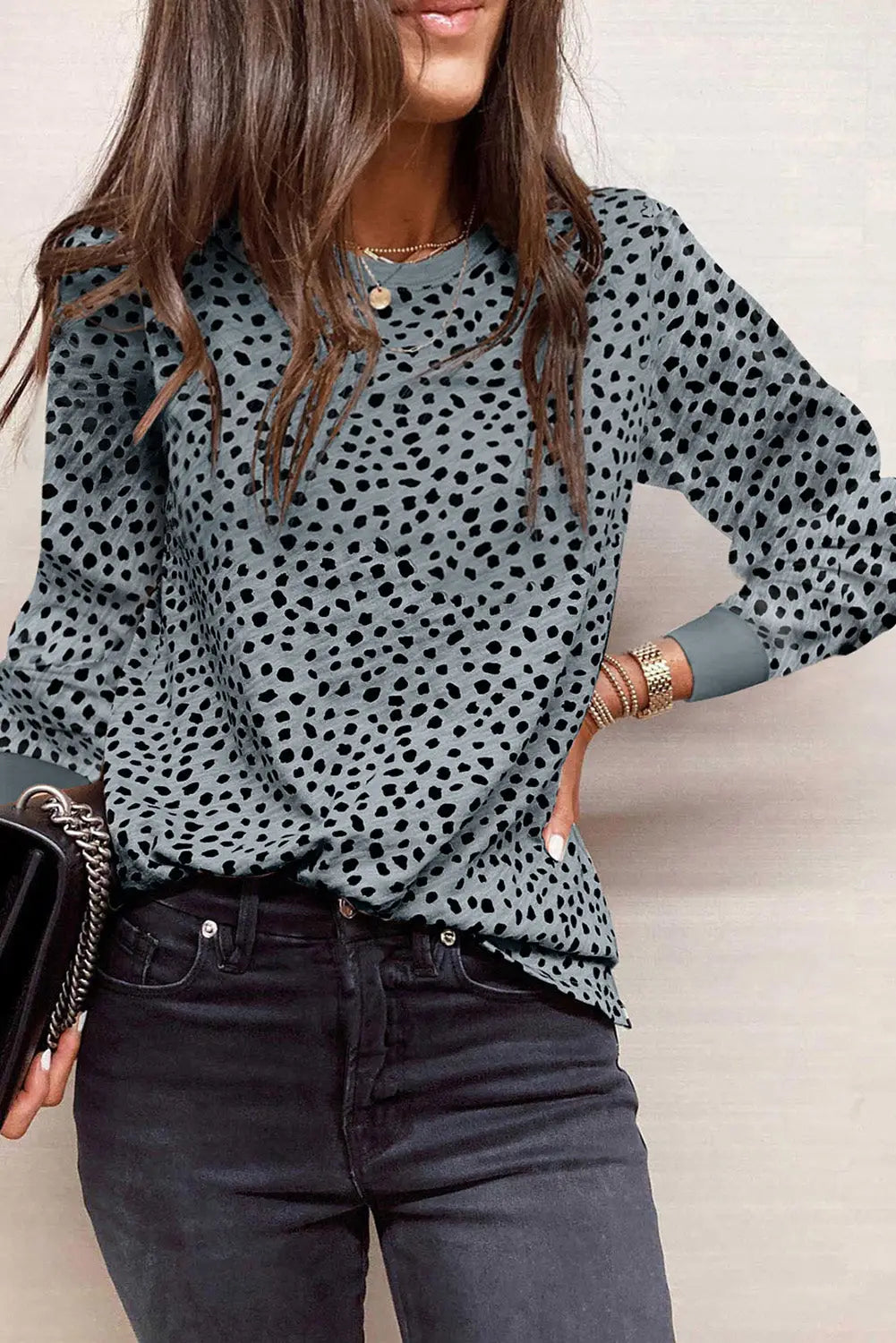 Animal Spotted Print Round Neck Long Sleeve Top-78