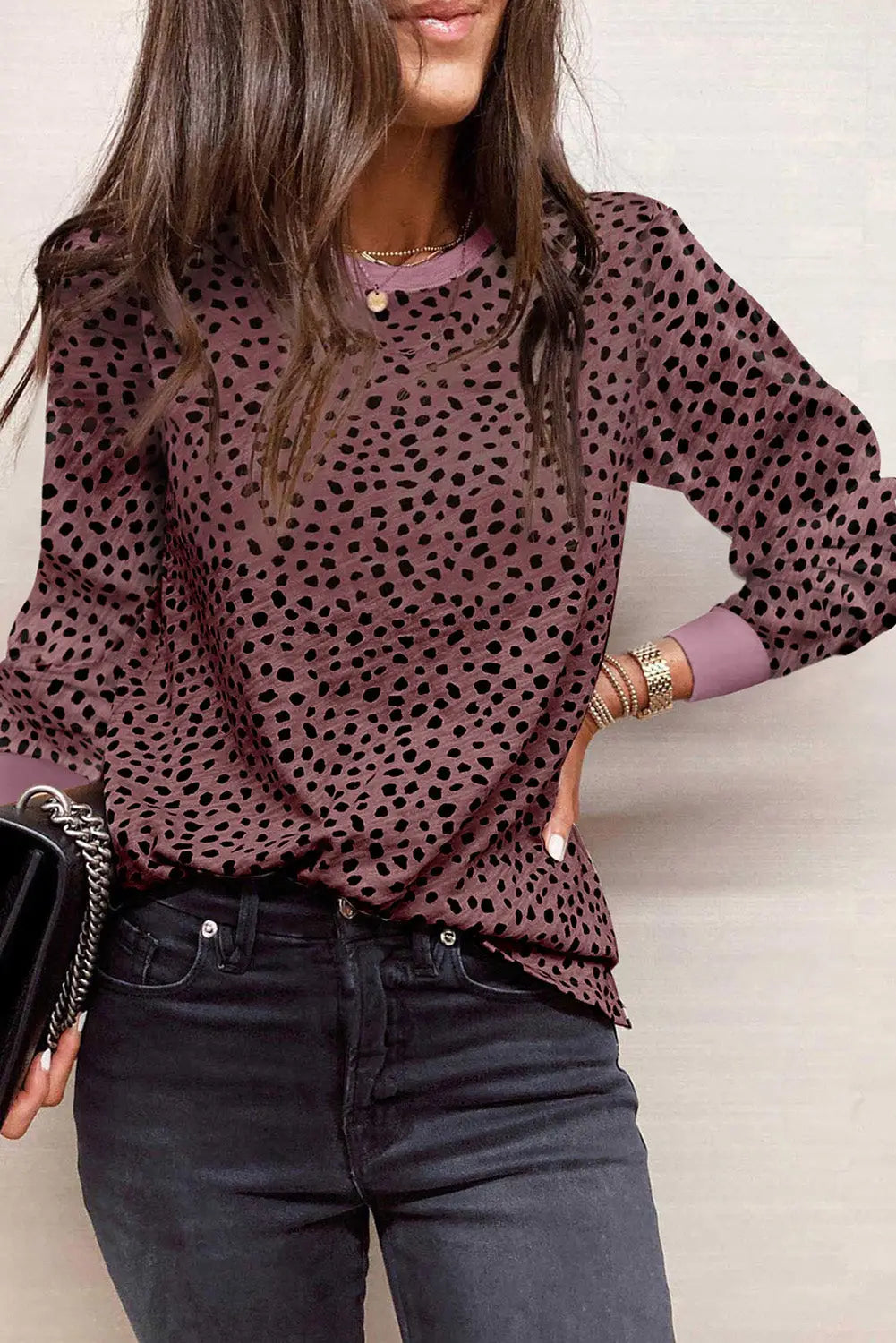 Animal Spotted Print Round Neck Long Sleeve Top-0