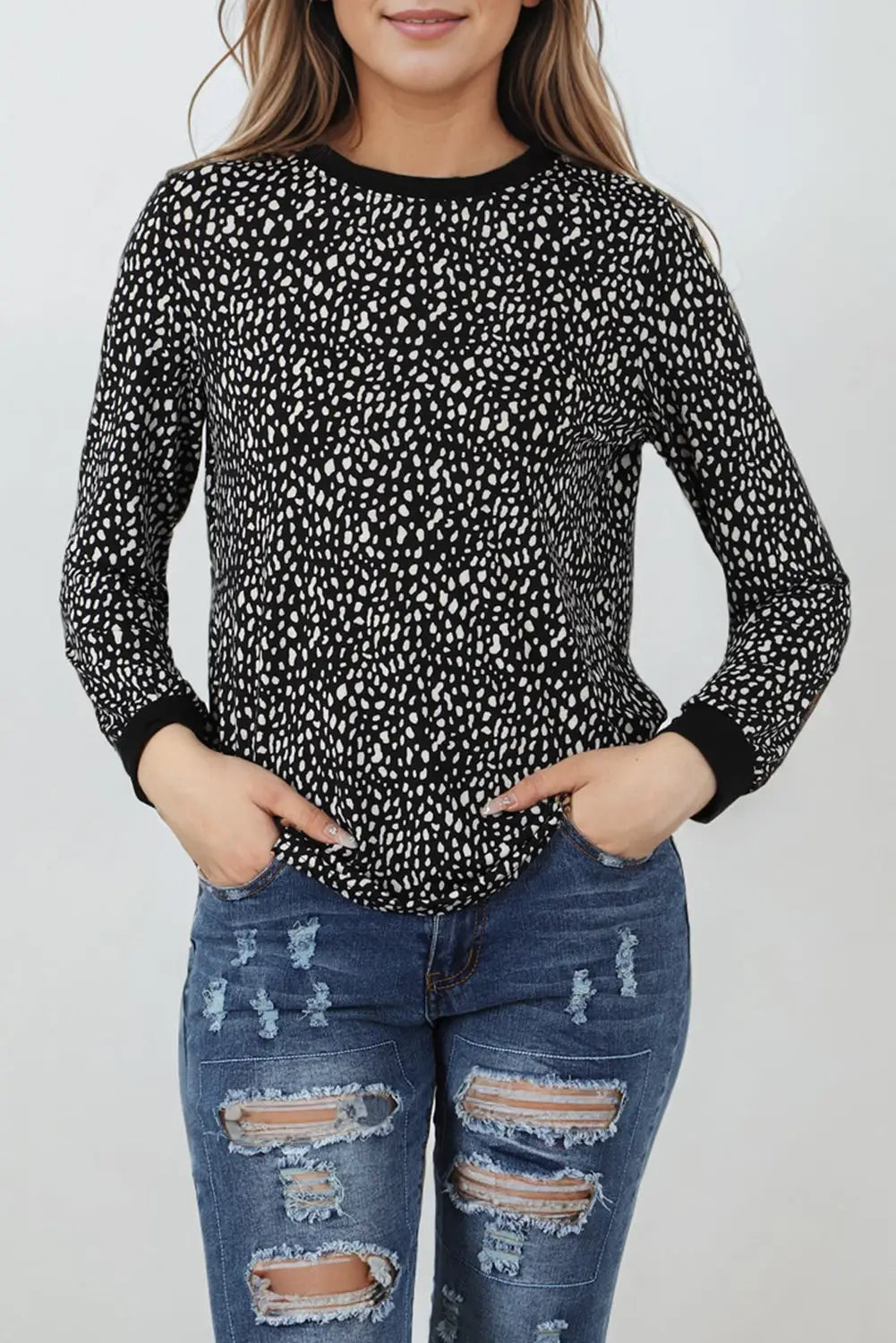 Animal Spotted Print Round Neck Long Sleeve Top-22
