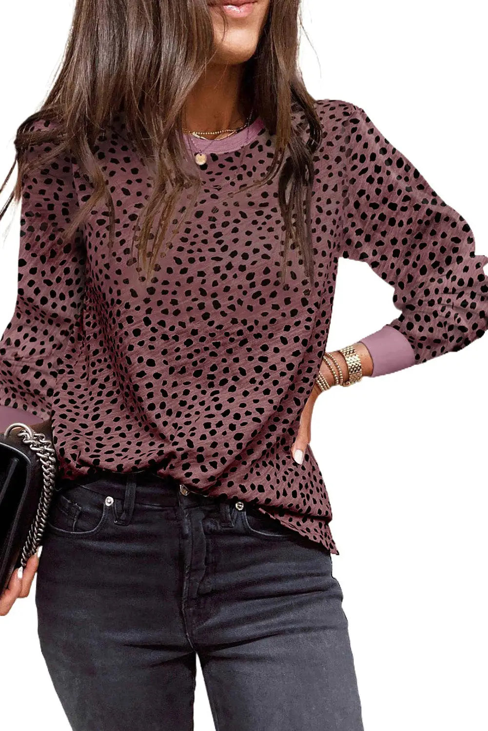 Animal Spotted Print Round Neck Long Sleeve Top-10