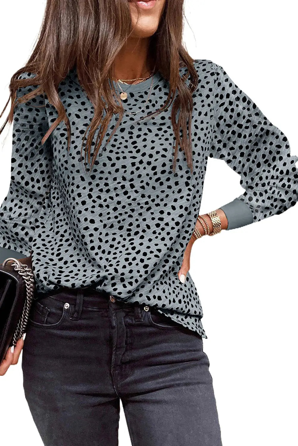 Animal Spotted Print Round Neck Long Sleeve Top-79