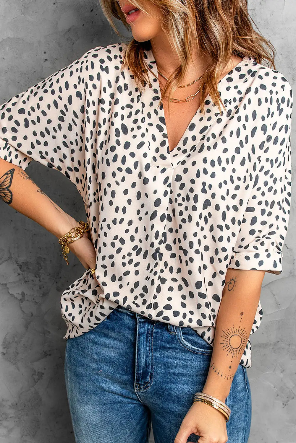 Apricot Animal Print V-neck Rolled Sleeve Tunic Top-16