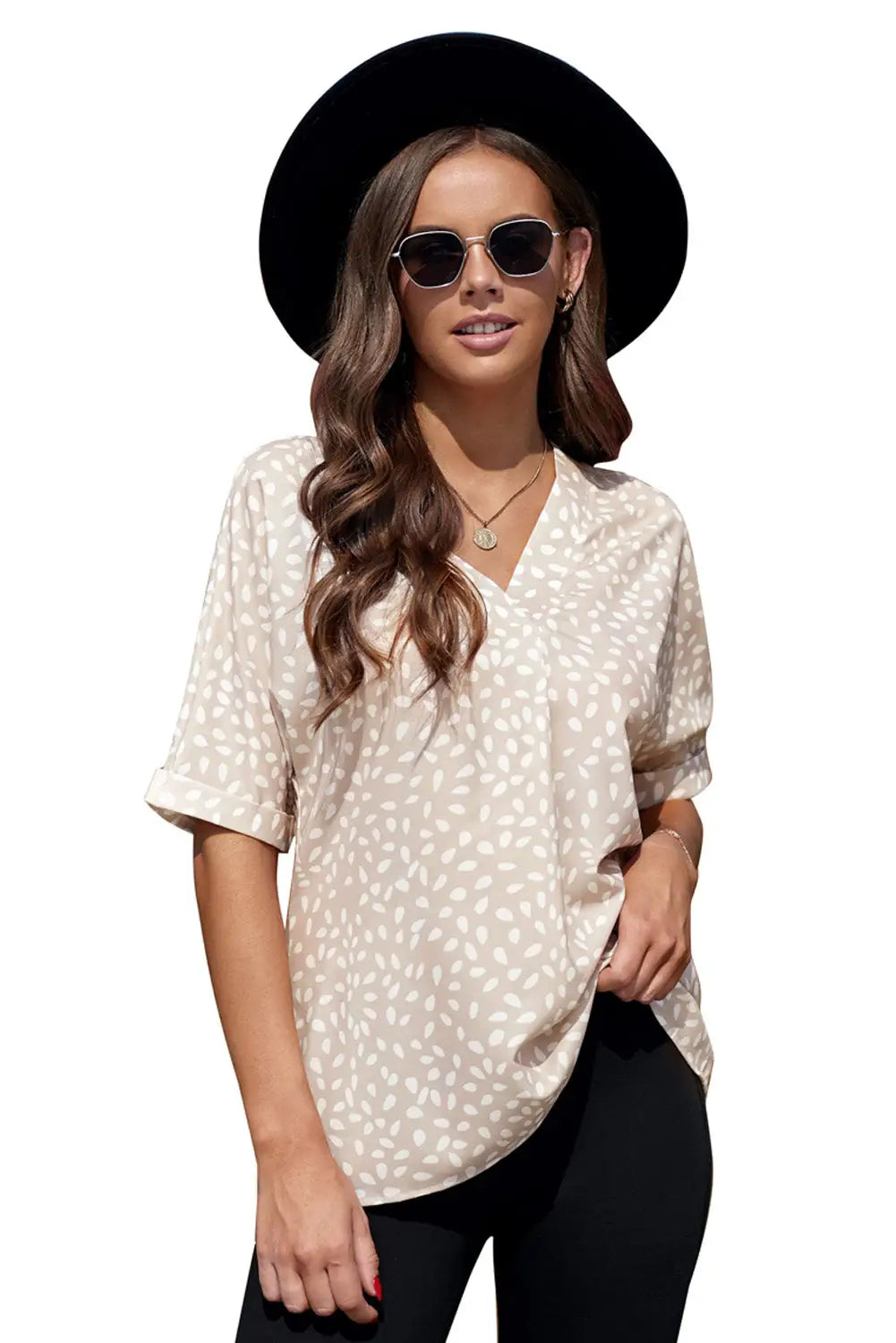 Apricot Animal Print V-neck Rolled Sleeve Tunic Top-14
