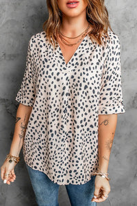 Thumbnail for Apricot Animal Print V-neck Rolled Sleeve Tunic Top-19