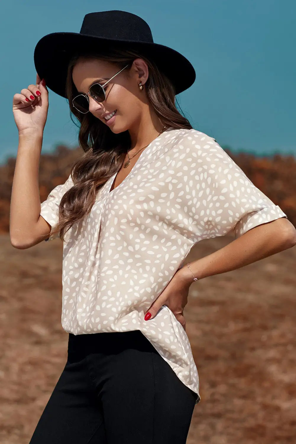 Apricot Animal Print V-neck Rolled Sleeve Tunic Top-5
