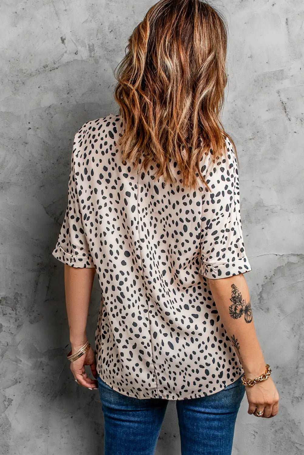 Apricot Animal Print V-neck Rolled Sleeve Tunic Top-17