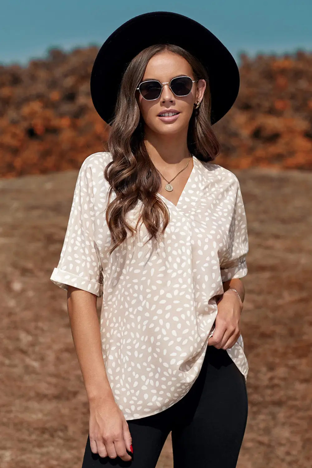 Apricot Animal Print V-neck Rolled Sleeve Tunic Top-4