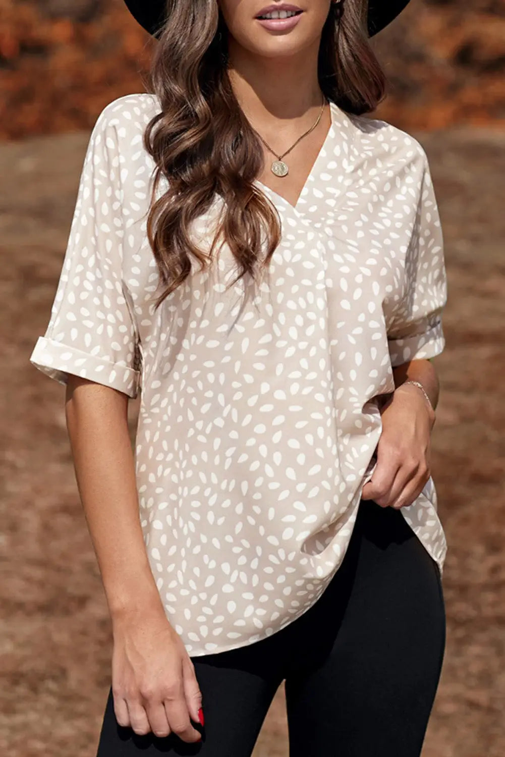 Apricot Animal Print V-neck Rolled Sleeve Tunic Top-2