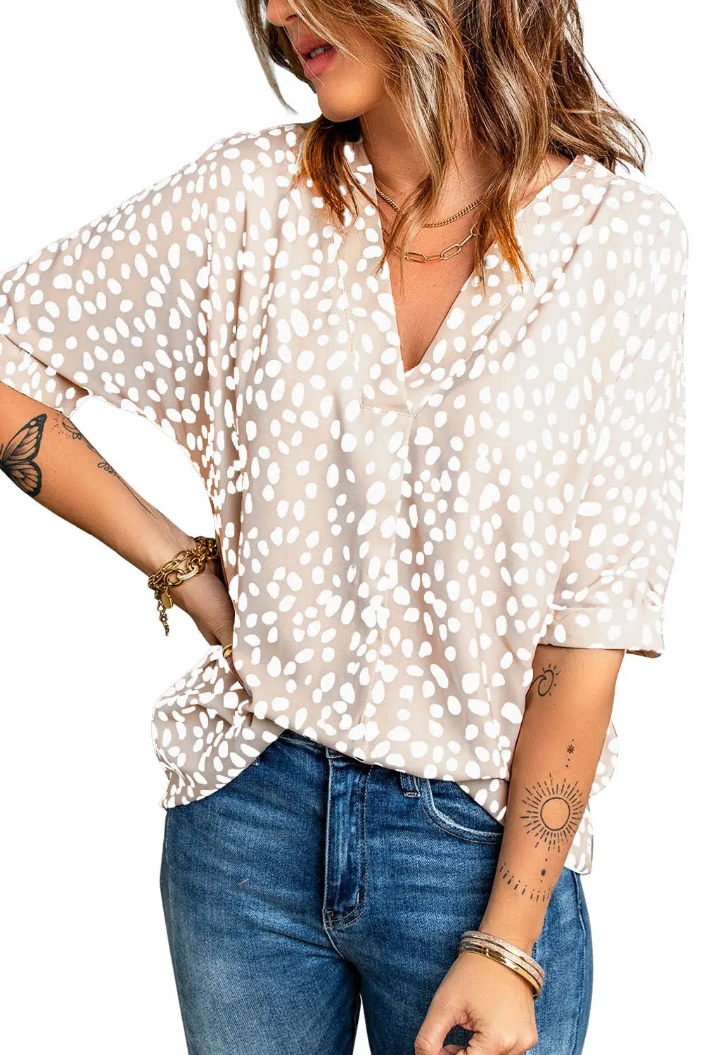 Apricot Animal Print V-neck Rolled Sleeve Tunic Top-15