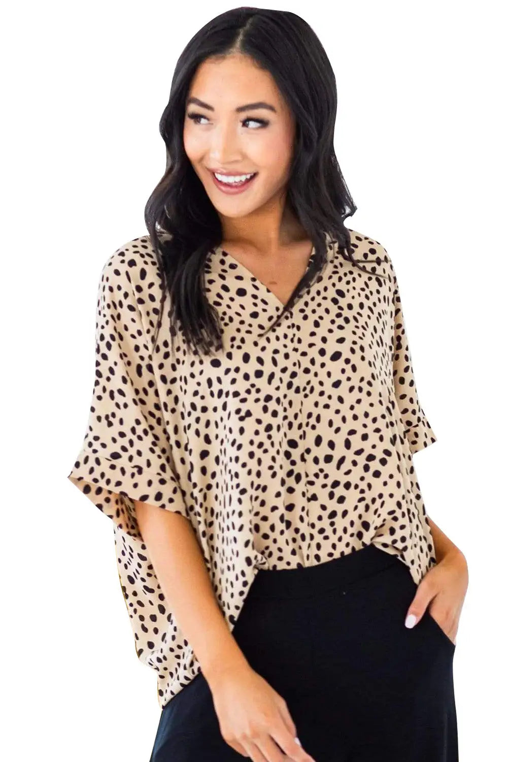 Apricot Animal Print V-neck Rolled Sleeve Tunic Top-29