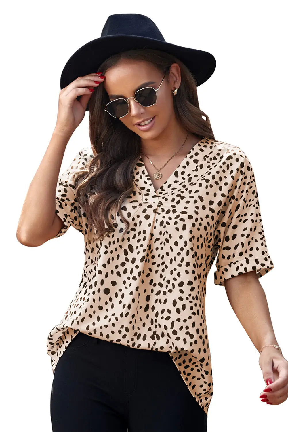 Apricot Animal Print V-neck Rolled Sleeve Tunic Top-30