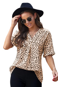 Thumbnail for Apricot Animal Print V-neck Rolled Sleeve Tunic Top-30