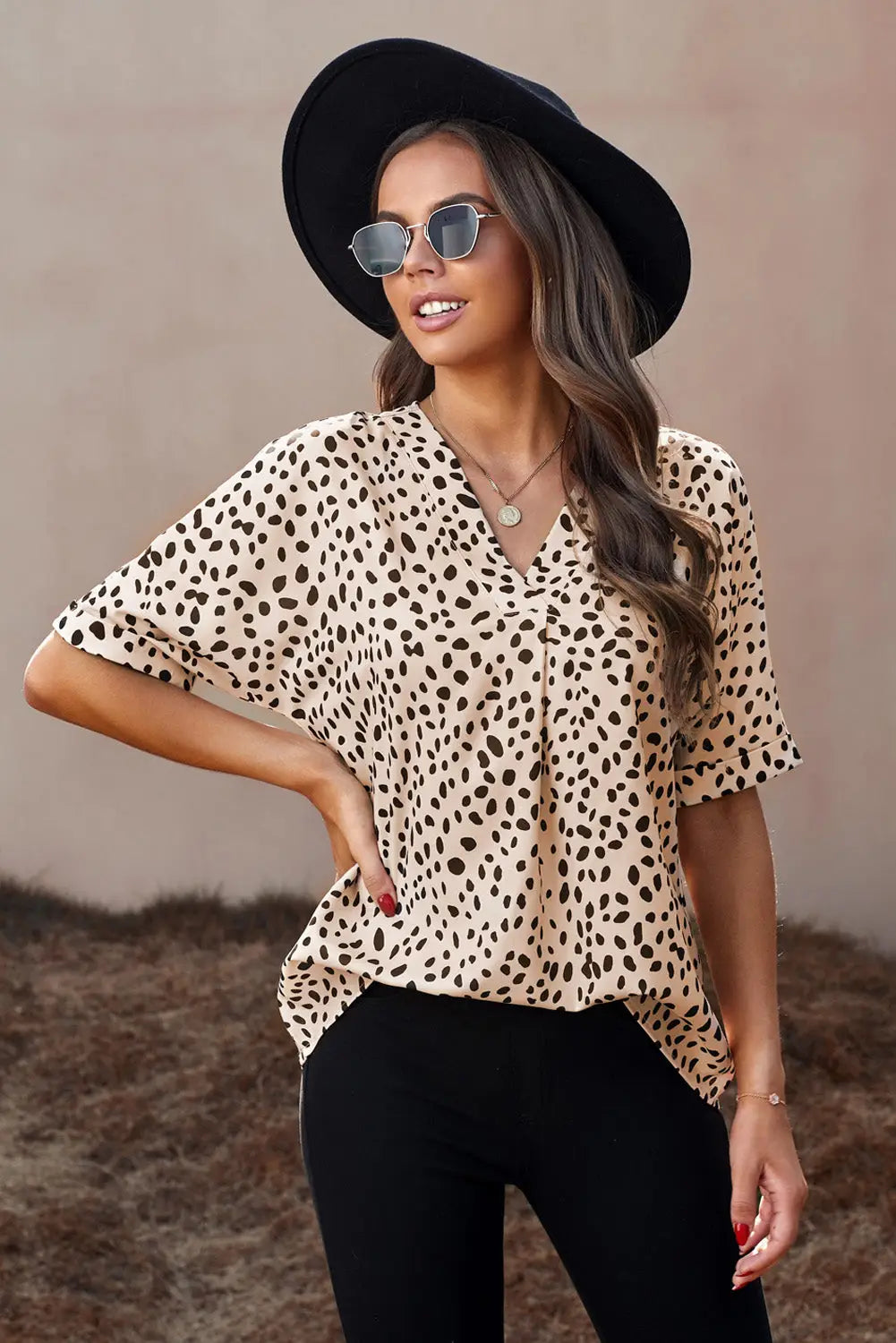 Apricot Animal Print V-neck Rolled Sleeve Tunic Top-23