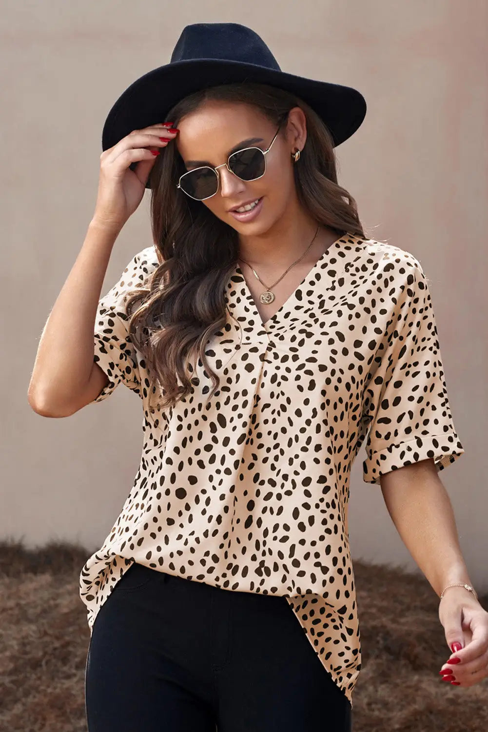 Apricot Animal Print V-neck Rolled Sleeve Tunic Top-25