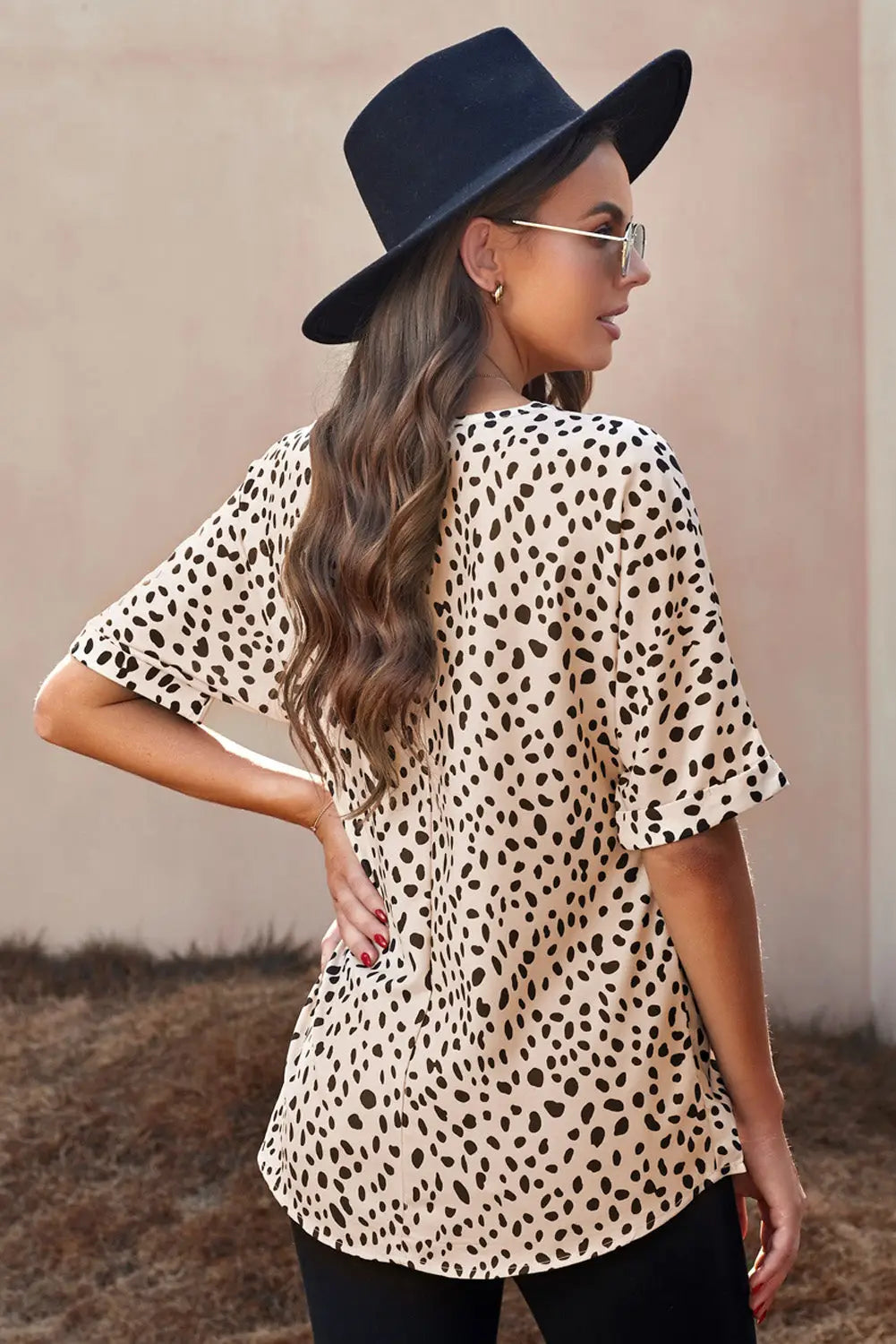 Apricot Animal Print V-neck Rolled Sleeve Tunic Top-21