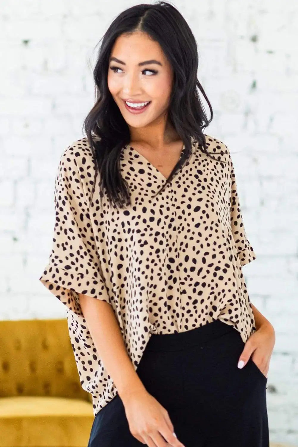 Apricot Animal Print V-neck Rolled Sleeve Tunic Top-27