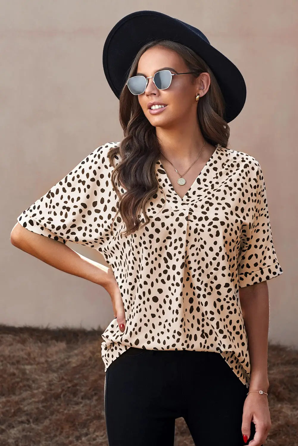 Apricot Animal Print V-neck Rolled Sleeve Tunic Top-24