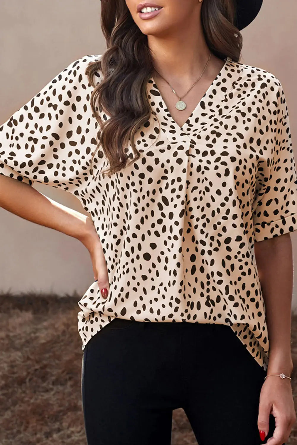 Apricot Animal Print V-neck Rolled Sleeve Tunic Top-20