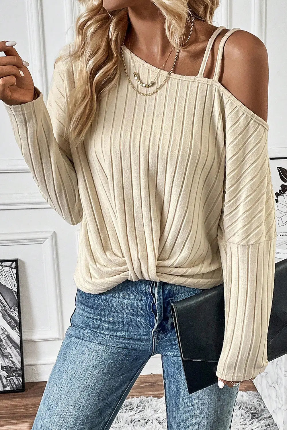 Apricot Asymmetrical Neck Cold Shoulder Twisted Knit Ribbed Top-0