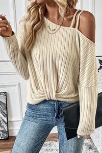 Thumbnail for Apricot Asymmetrical Neck Cold Shoulder Twisted Knit Ribbed Top-0