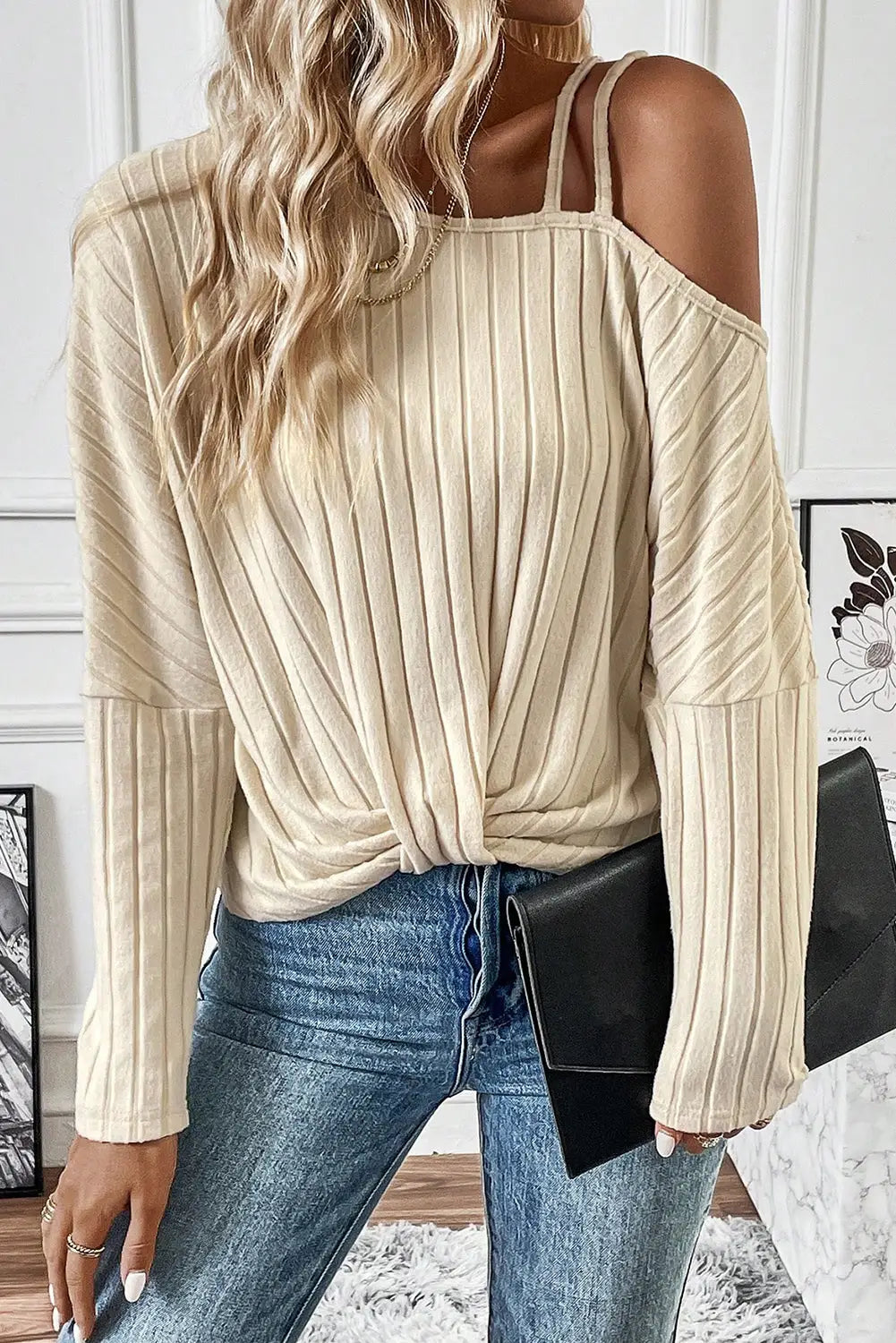 Apricot Asymmetrical Neck Cold Shoulder Twisted Knit Ribbed Top-5