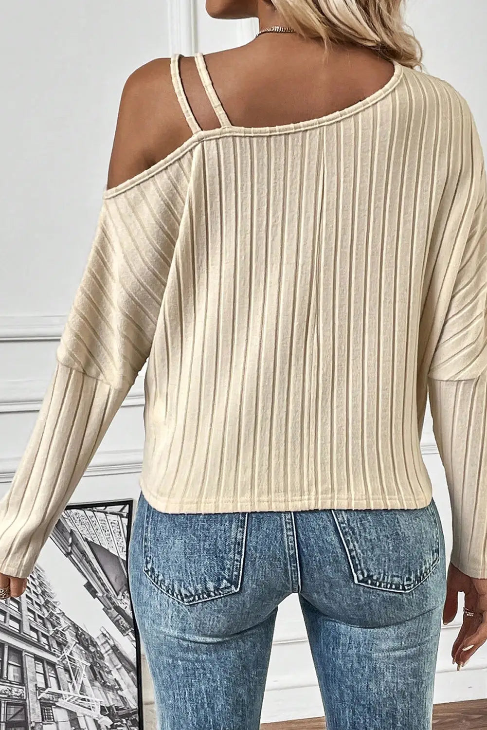 Apricot Asymmetrical Neck Cold Shoulder Twisted Knit Ribbed Top-1