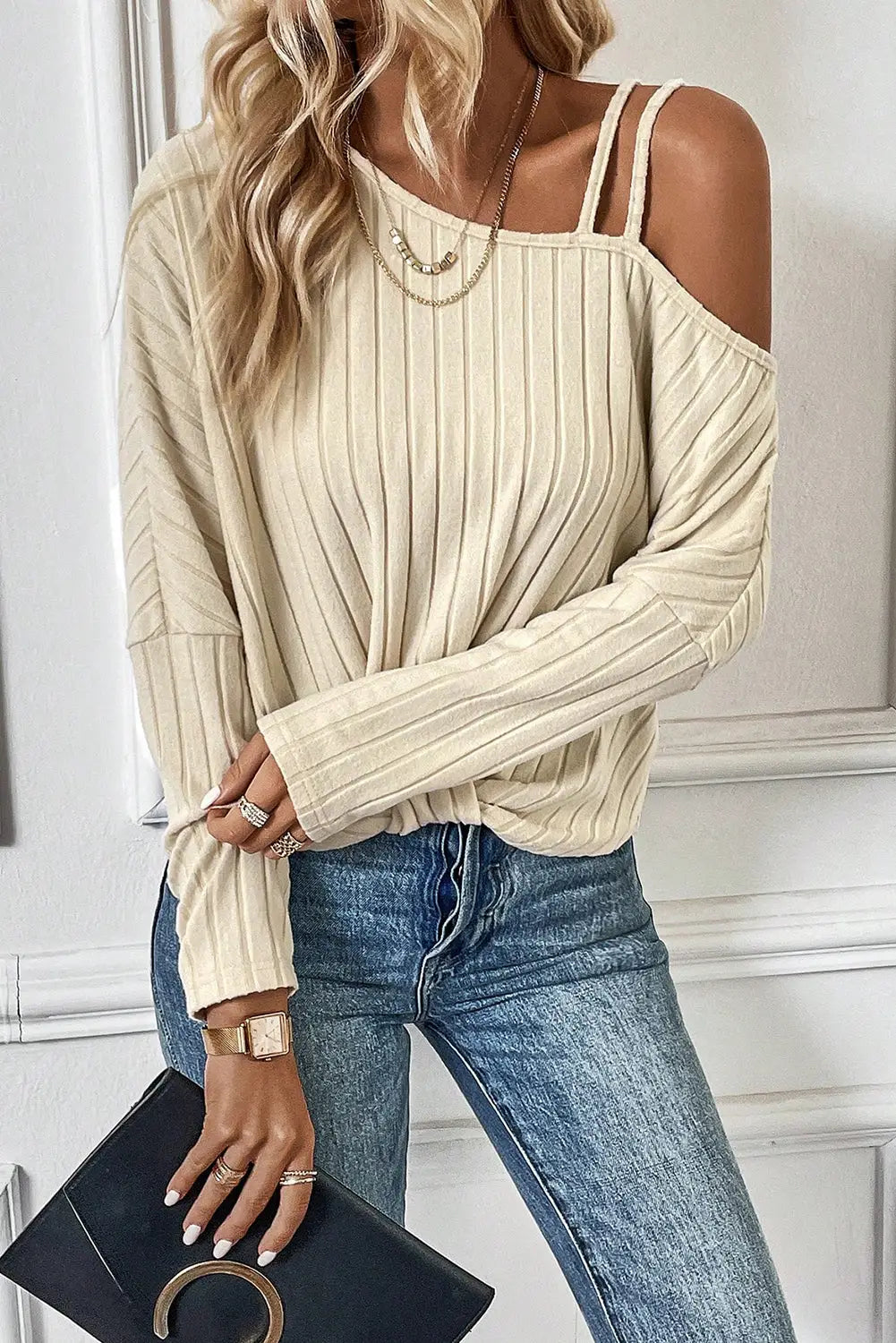 Apricot Asymmetrical Neck Cold Shoulder Twisted Knit Ribbed Top-3