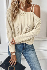 Thumbnail for Apricot Asymmetrical Neck Cold Shoulder Twisted Knit Ribbed Top-3
