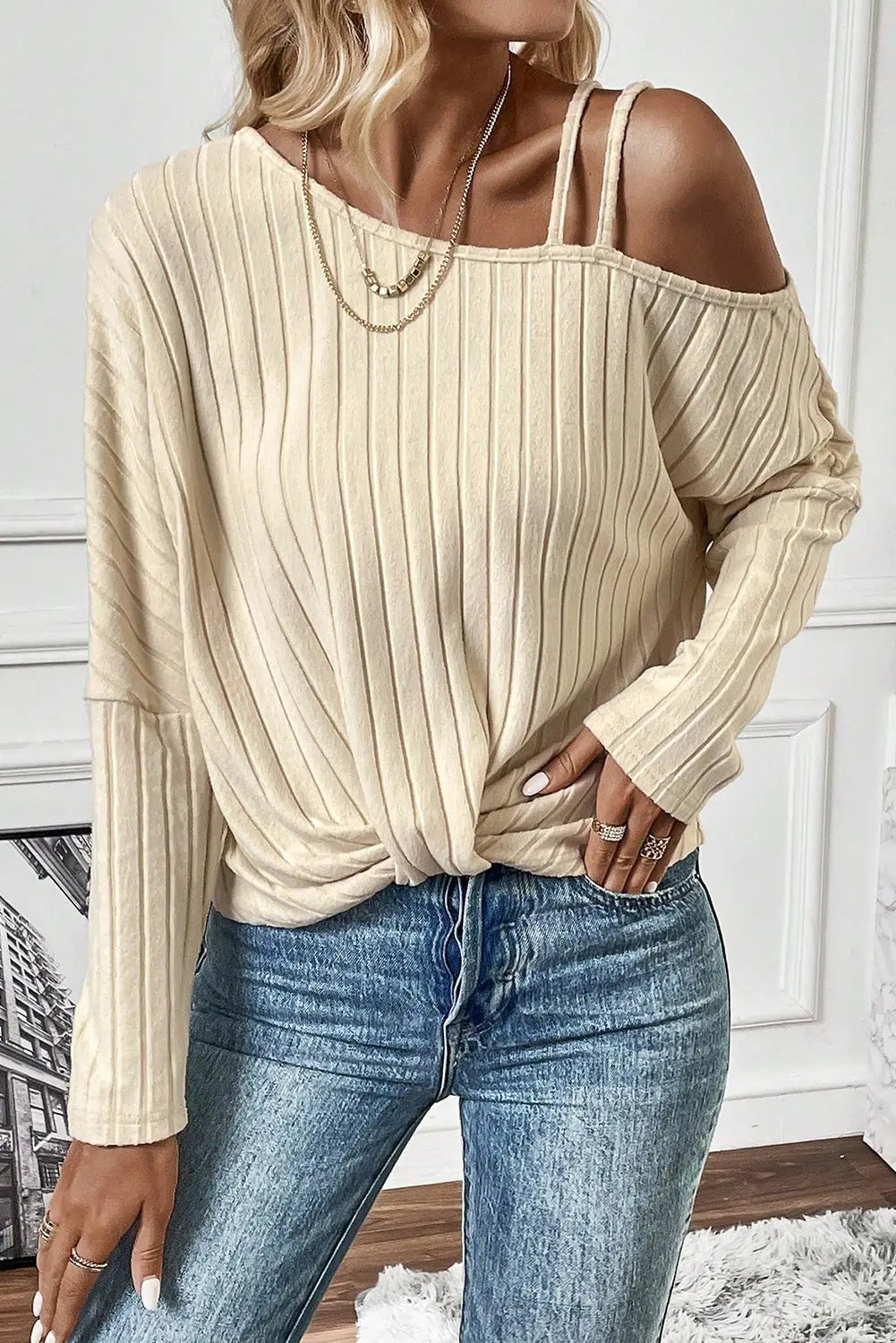 Apricot Asymmetrical Neck Cold Shoulder Twisted Knit Ribbed Top-2