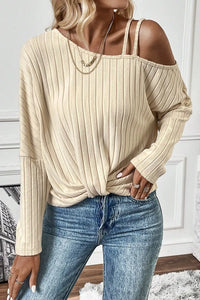 Thumbnail for Apricot Asymmetrical Neck Cold Shoulder Twisted Knit Ribbed Top-2