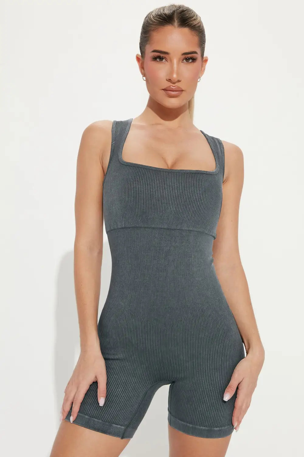 Apricot Ribbed Square Neck Padded Sports Romper-59