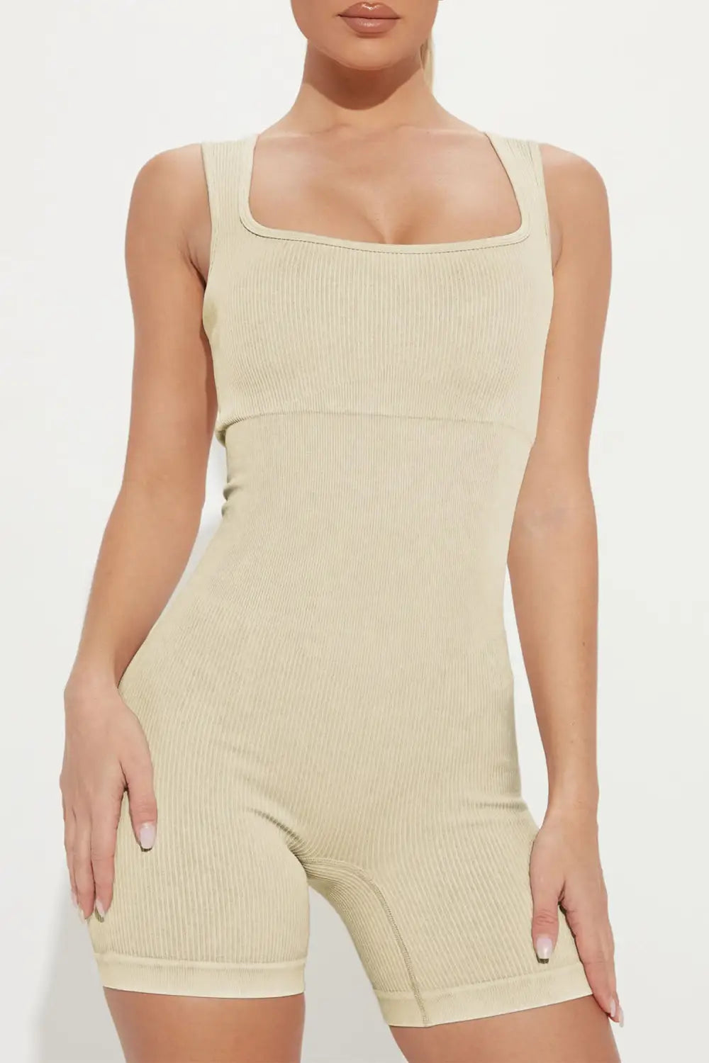 Apricot Ribbed Square Neck Padded Sports Romper-6