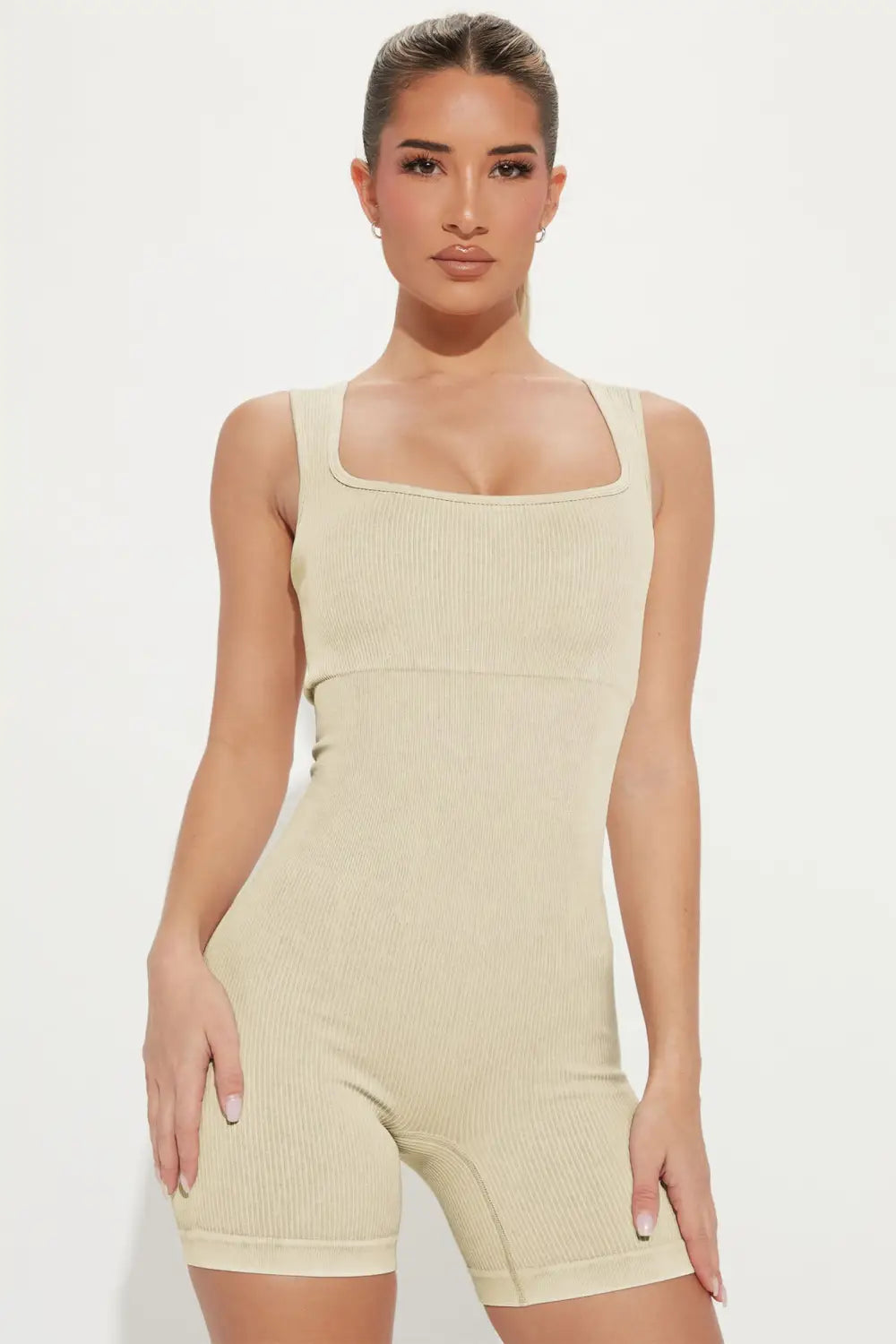 Apricot Ribbed Square Neck Padded Sports Romper-8