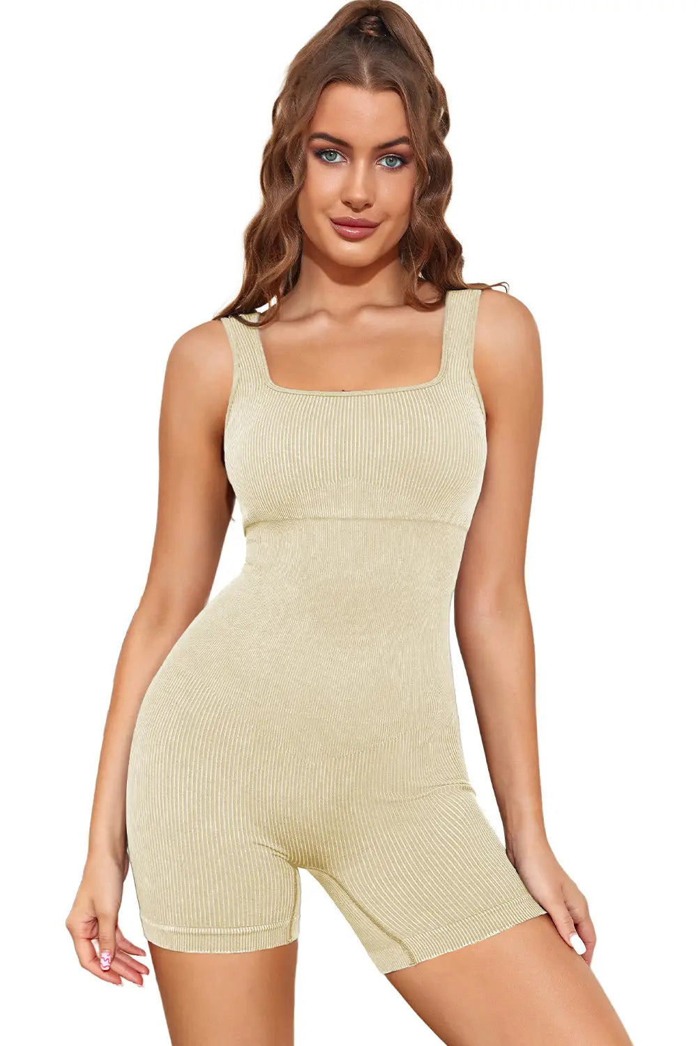 Apricot Ribbed Square Neck Padded Sports Romper-23