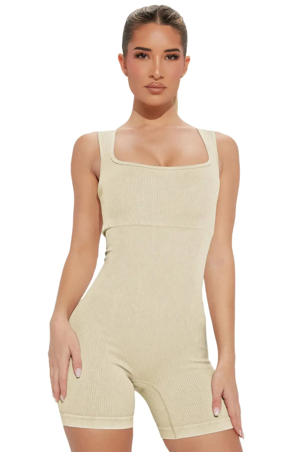 Apricot Ribbed Square Neck Padded Sports Romper-24