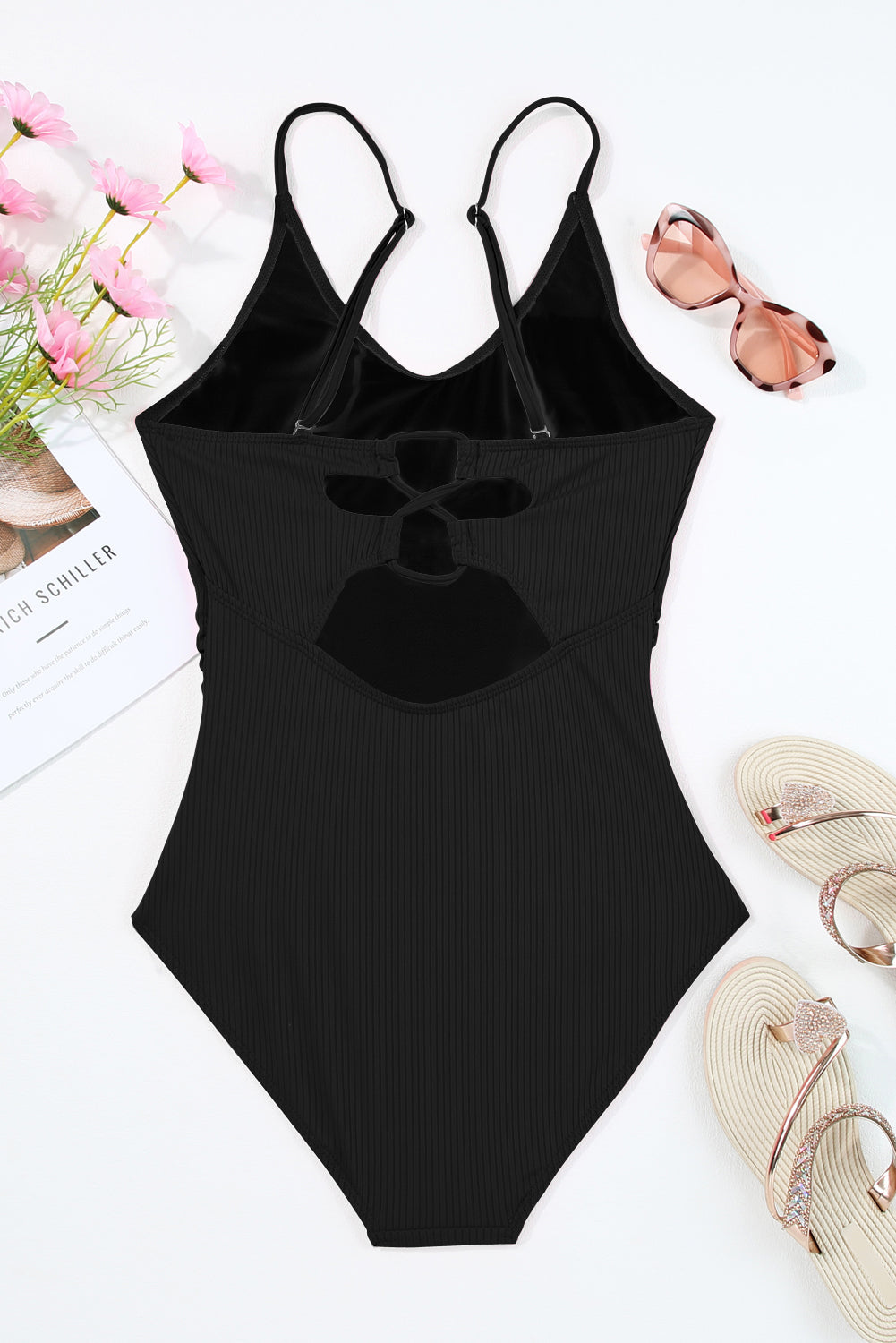 Black Ribbed One Piece Swimsuit-14