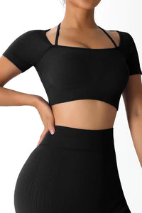 Thumbnail for Black Strappy Halter Ribbed Seamless Crop Yoga Top-0