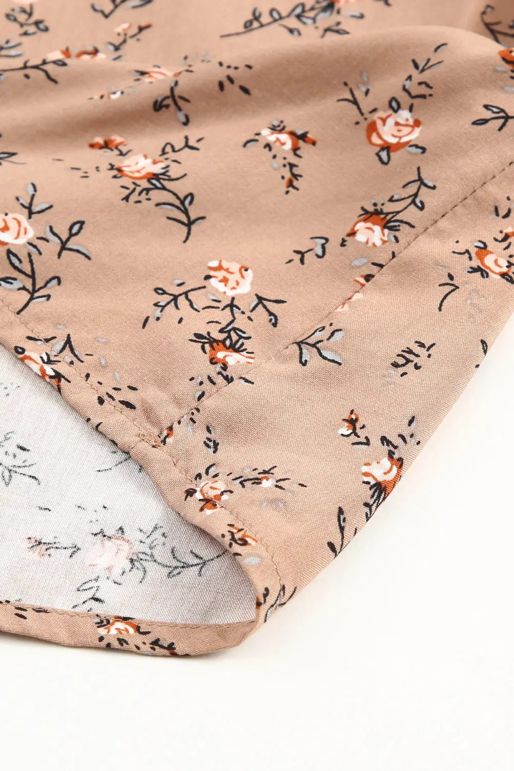 Khaki Floral Print Smocked Flounce Sleeveless Top-8